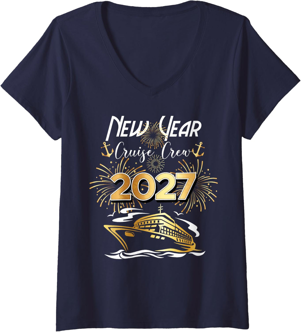 Women's New Year Cruise Crew 2027 Years Eve Party Vacation Matching V-Neck T-Shirt - Navy Blue