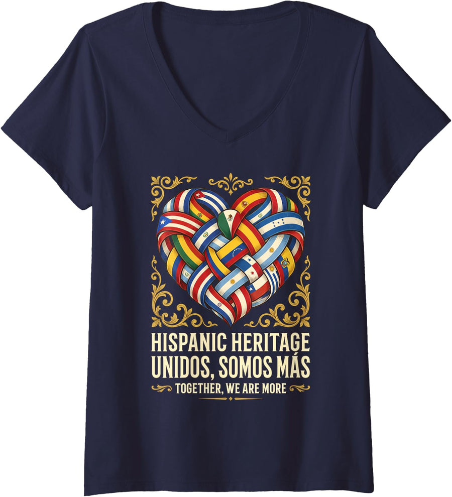 Women's Hispanic Heritage Month Heart, Mes De La Herencia Hispana V-Neck T-Shirt - Navy Blue