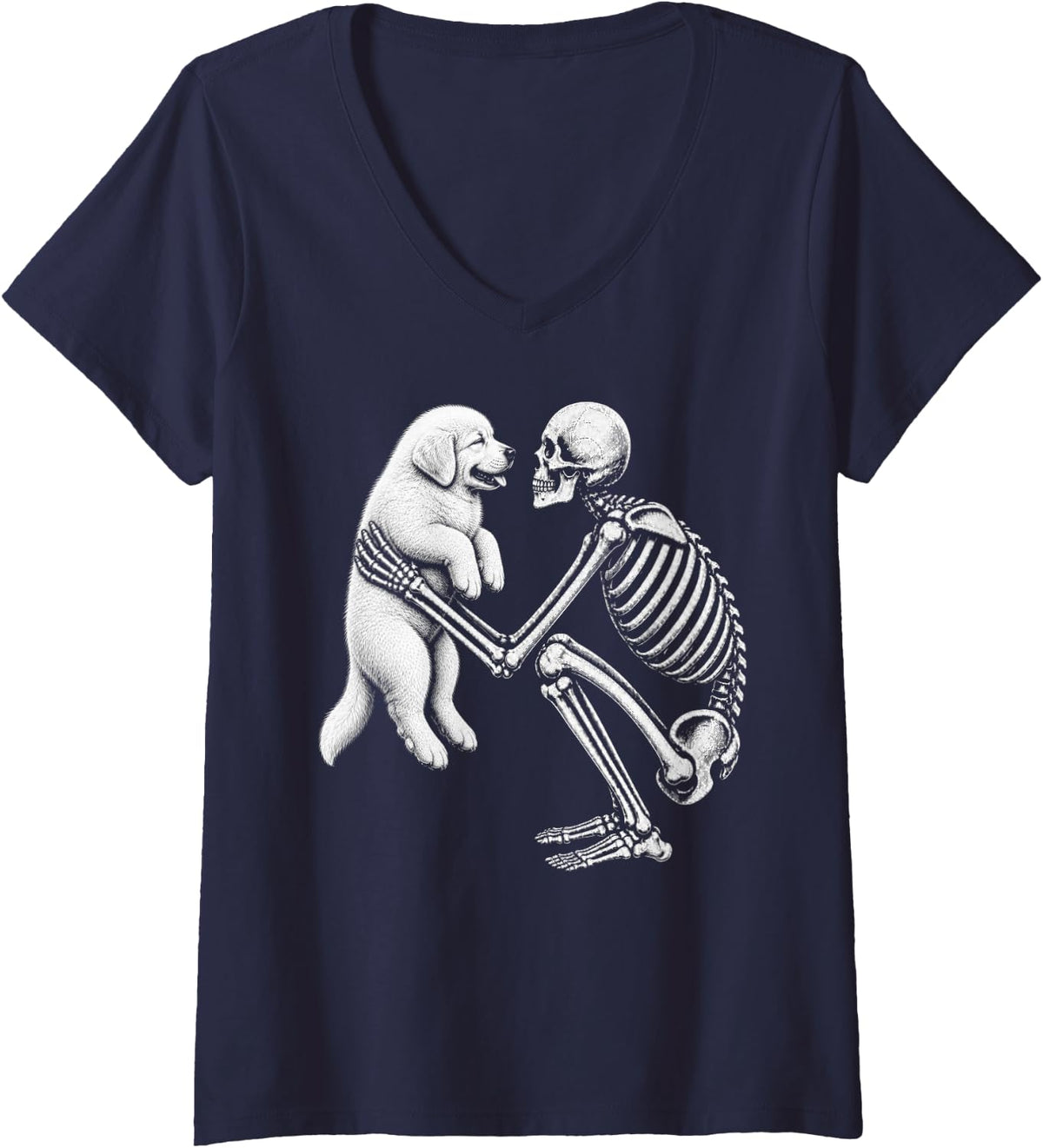 Women's Skeleton Holding Great Pyrenees Retro Halloween Dog V-Neck T-Shirt - Navy Blue