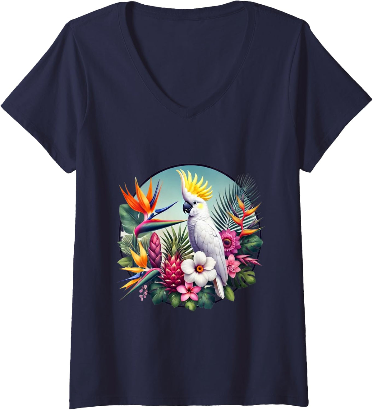 Women's Cockatoo Tropical Bird Flowers and Plants V-Neck T-Shirt - Navy Blue