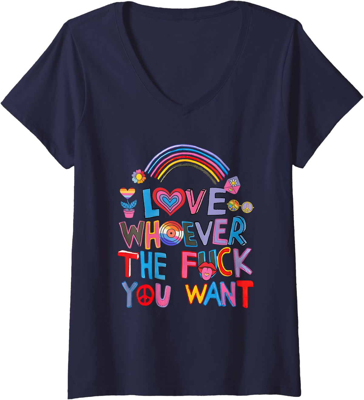 Womens Love Whoever The F You Want LGBTQ Rainbow Pride Cute Hearts V-Neck T-Shirt - Navy Blue