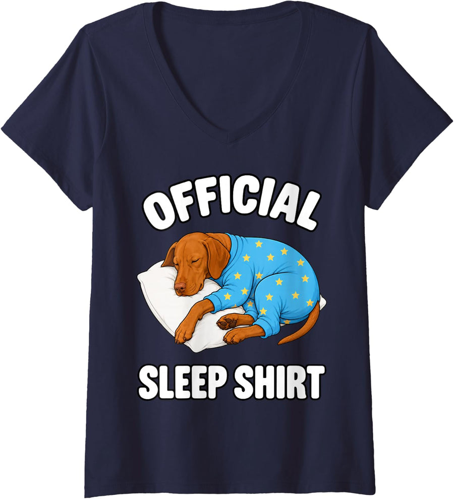 Women's Vizsla Sleeping in Pajamas Official Sleepshirt Cute V-Neck T-Shirt - Navy Blue