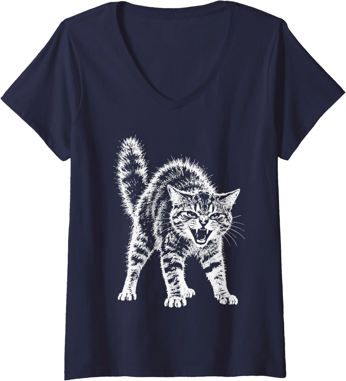 Women's Sassy Hissing Cat Y2k Grunge Aesthetic Rebellious Kitten V-Neck T-Shirt - Navy Blue