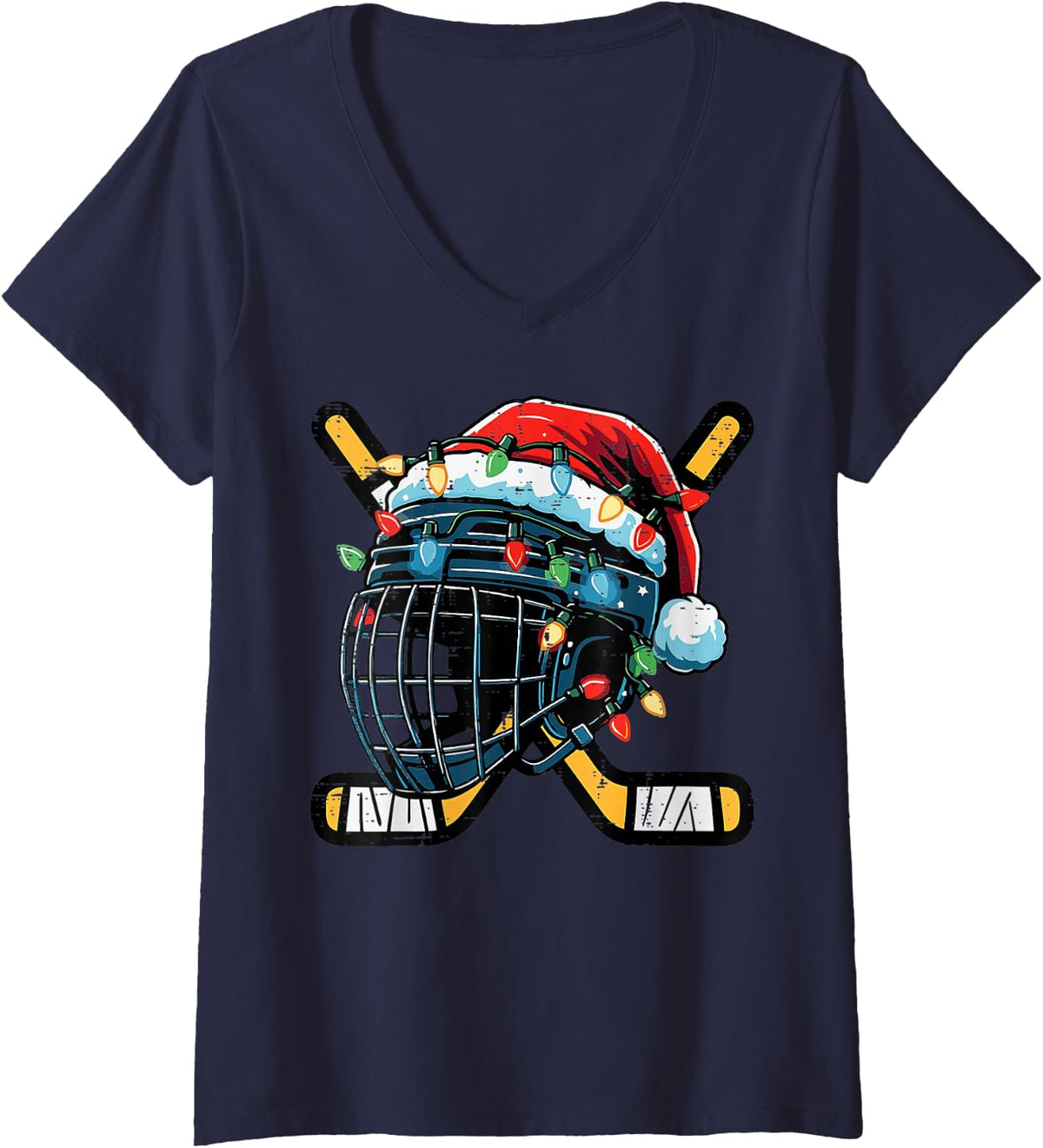 Women's Christmas Ice Hockey Helmet Santa Xmas Boys Ugly Sweaters V-Neck T-Shirt - Navy Blue