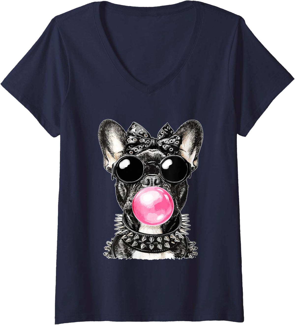 Women's French Bulldog with Sunglasses Punk Dog Bubblegum Gothic V-Neck T-Shirt - Navy Blue