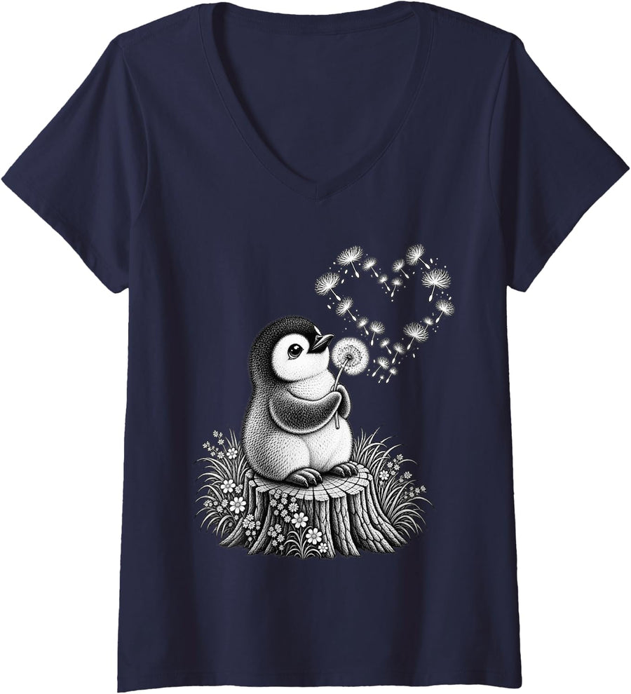 Women's Penguin Animal Art Portrait Wildlife Forest Penguin Lover V-Neck T-Shirt - Navy Blue