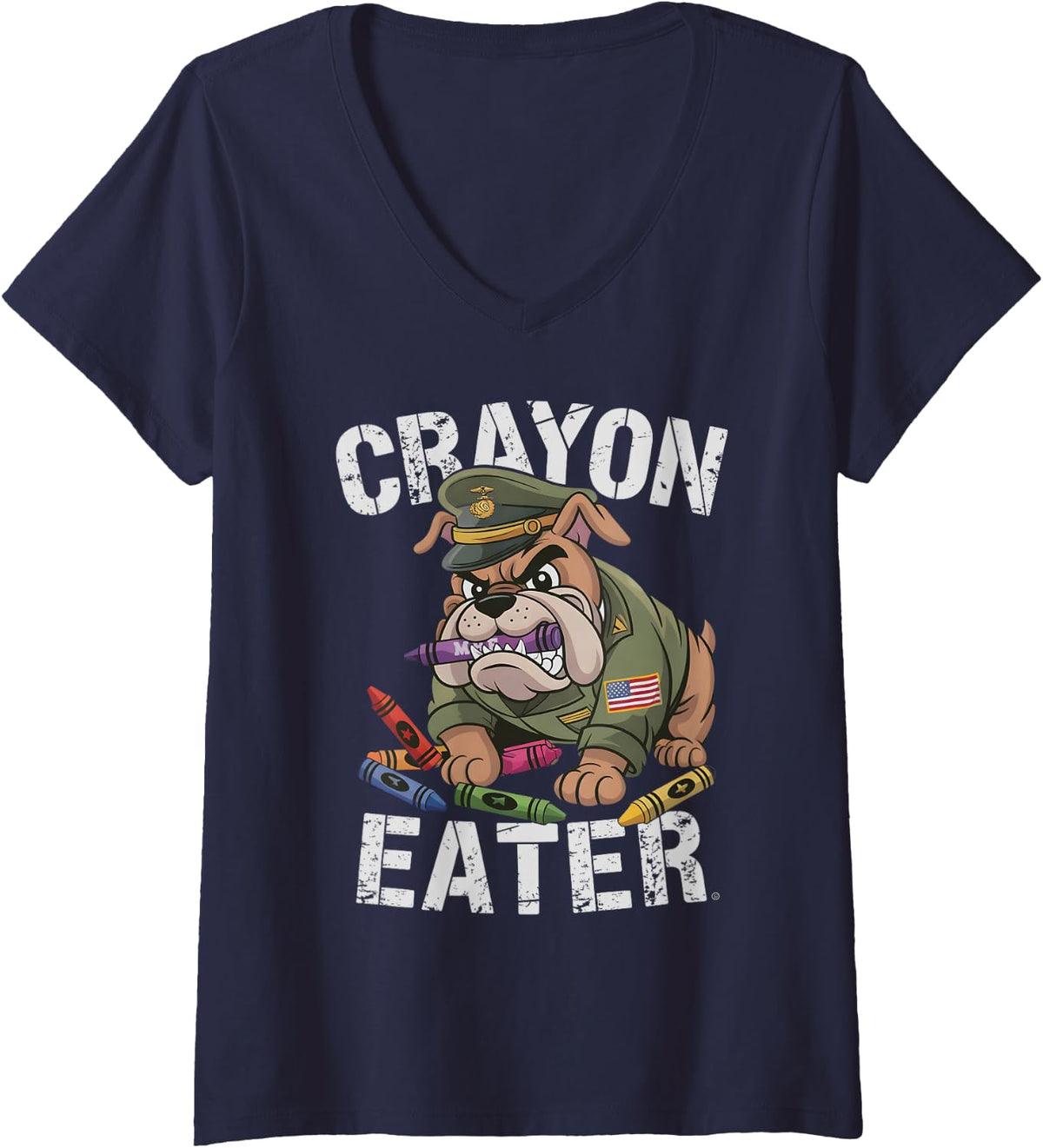 Women's Cute Crayon Eater Military Boot Camp Dog Jarhead Joke V-Neck T-Shirt - Navy Blue
