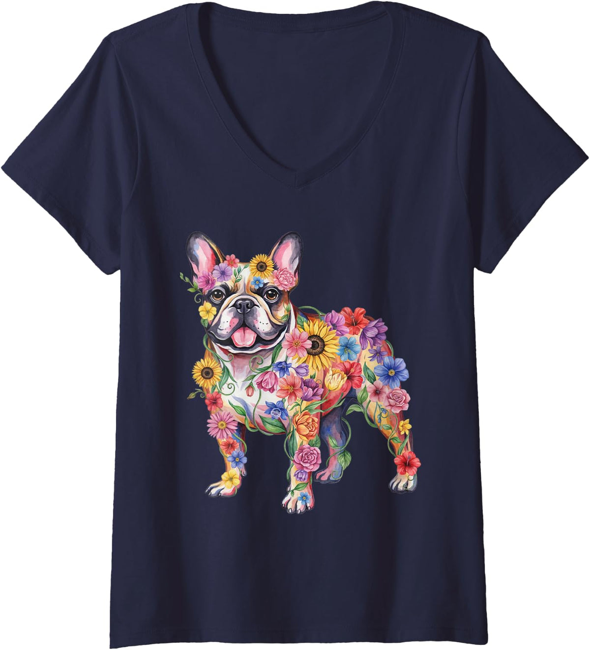 Women's French Bulldog Floral Frenchie Mama V-Neck T-Shirt - Navy Blue