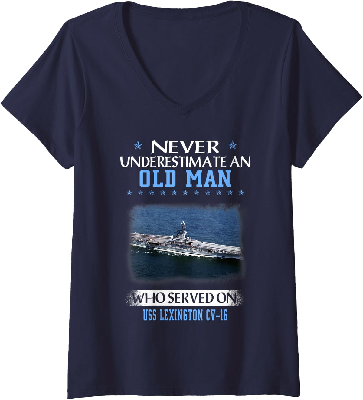 Womens USS Lexington CV-16 Veterans Day Father Day V-Neck T-Shirt - Navy Blue