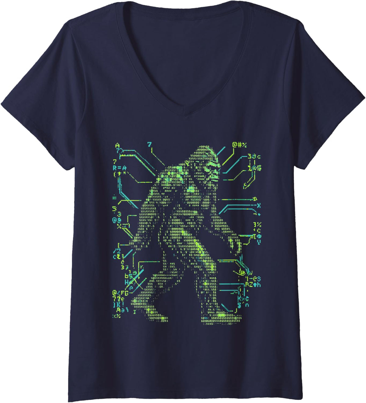 Women's Cyberpunk ASCII Face Code Art V-Neck T-Shirt - Navy Blue