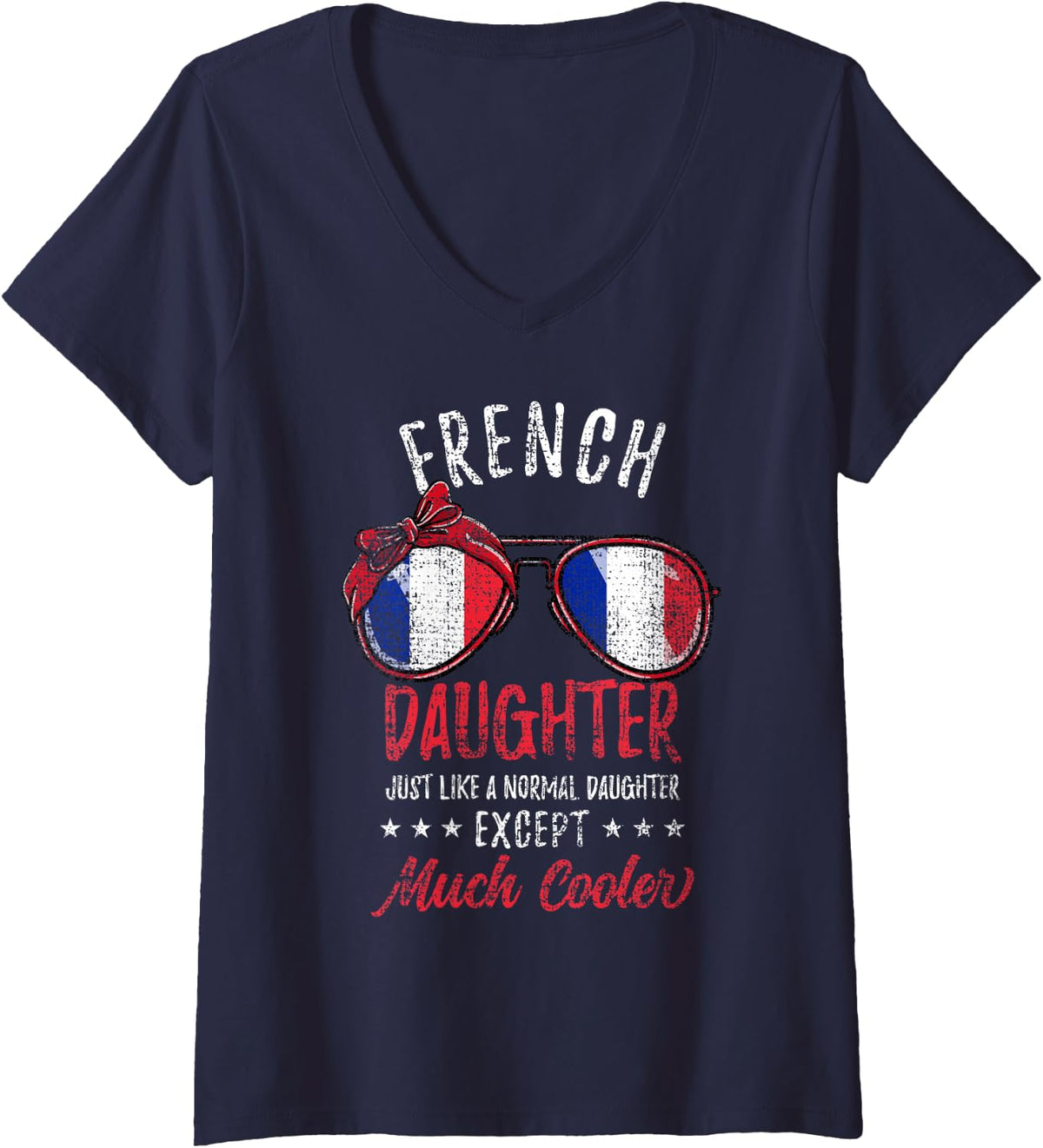 Women's Cool French Daughter Sunglasses French Daughter Vintage V-Neck T-Shirt - Navy Blue