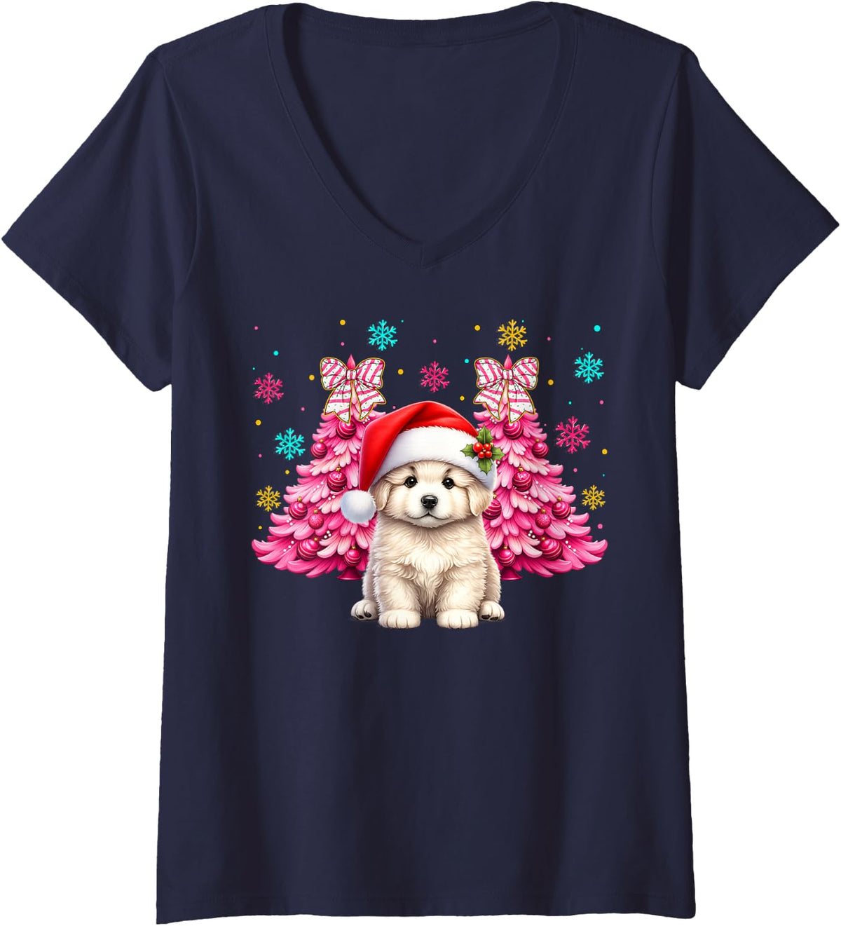 Women's Santa Hat Great Pyrenees Christmas Puppy Dog Xmas Boys Girls V-Neck T-Shirt - Navy Blue
