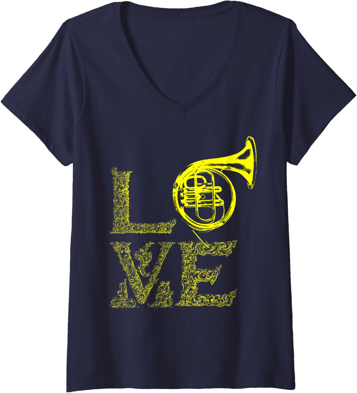 Women's French Horn French Horn Love Funny V-Neck T-Shirt - Navy Blue