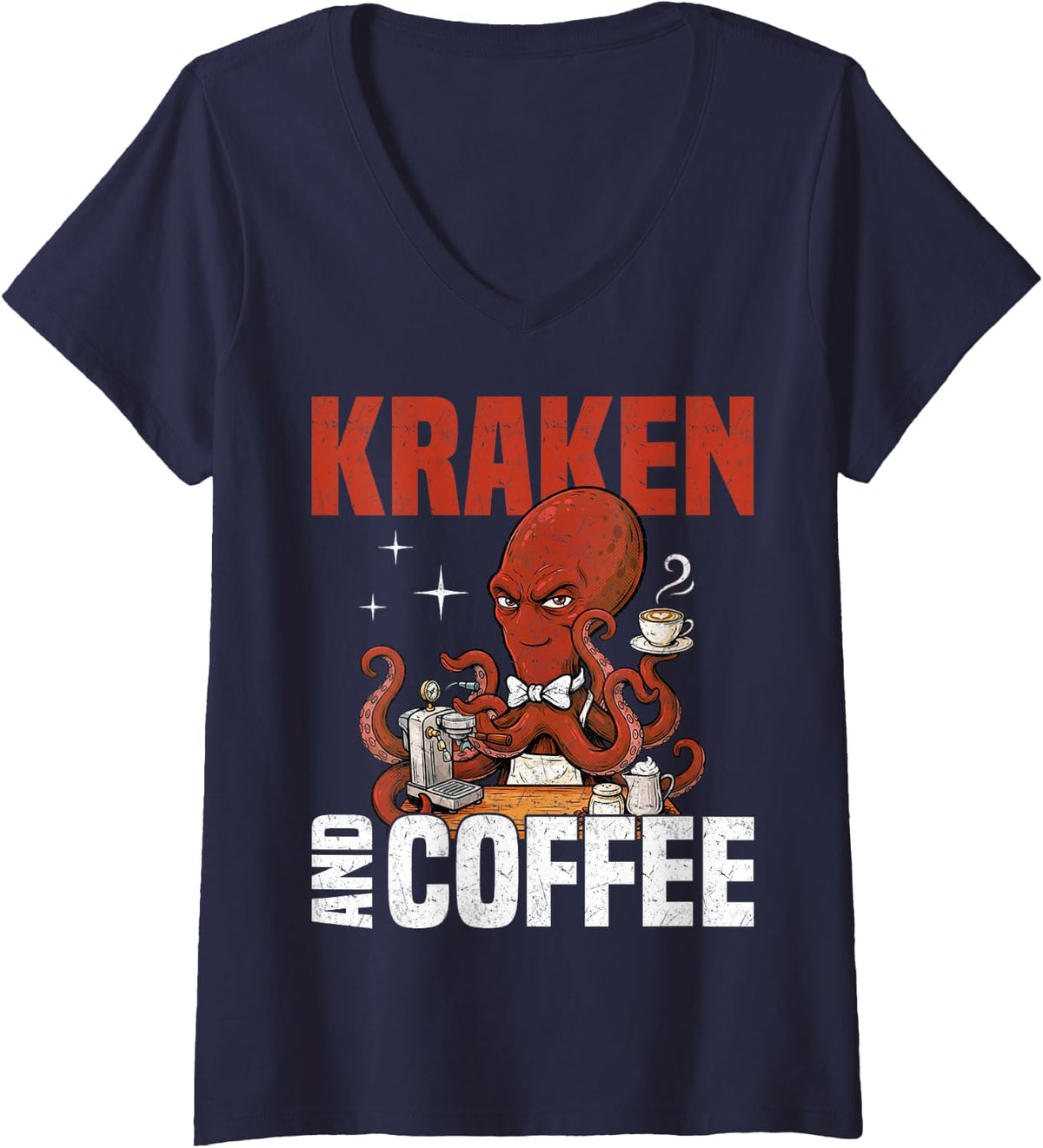 Women's Kraken and Coffee Octopus Caffeine Lover V-Neck T-Shirt - Navy Blue