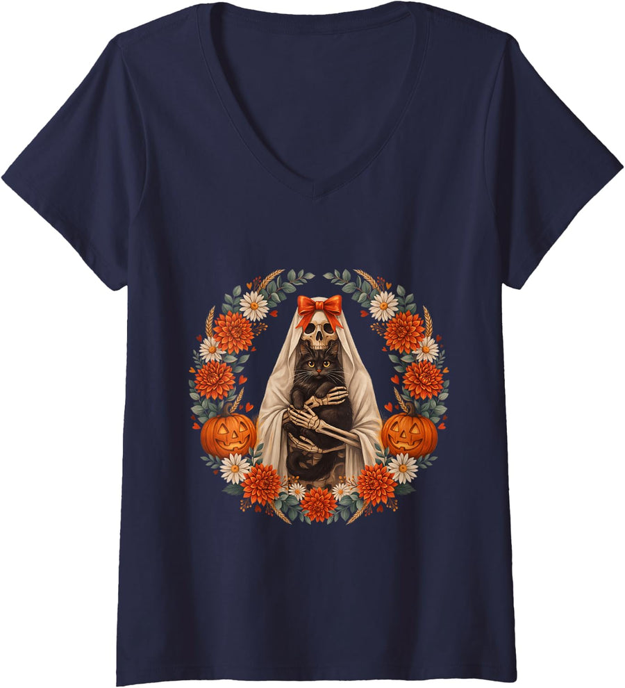 Women's Halloween Skeleton Ghost Holding Black Cat Spooky Season V-Neck T-Shirt - Navy Blue