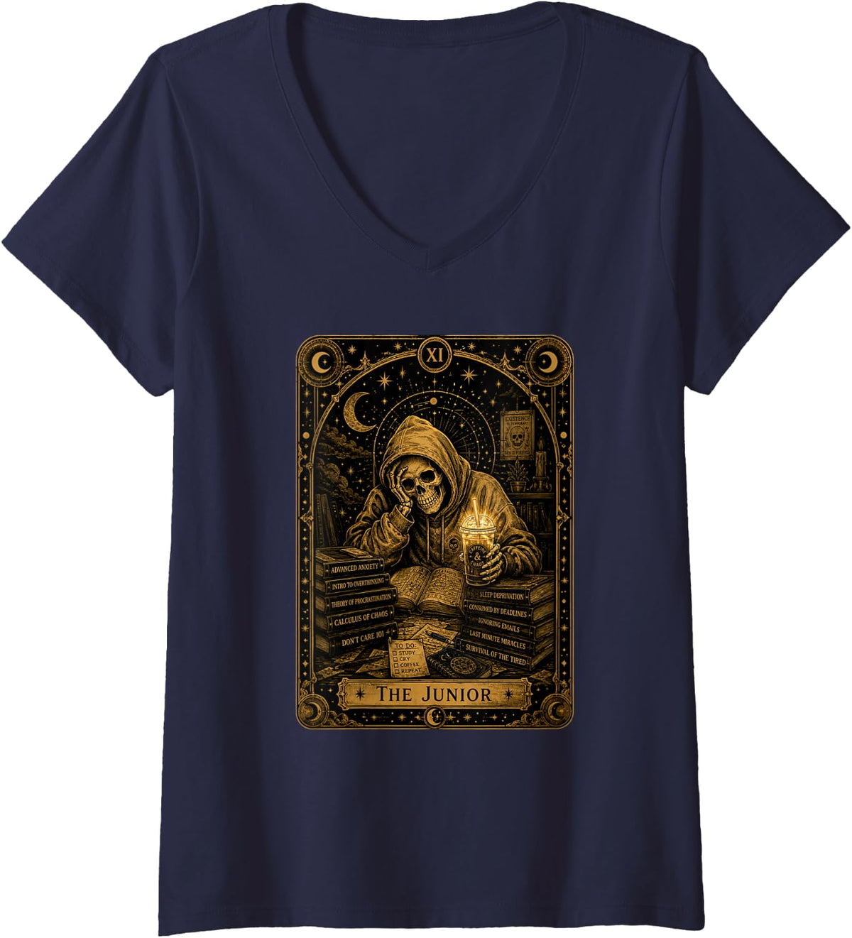 Women's The Junior Funny Tarot Card Skeleton School 11th Grade V-Neck T-Shirt - Navy Blue