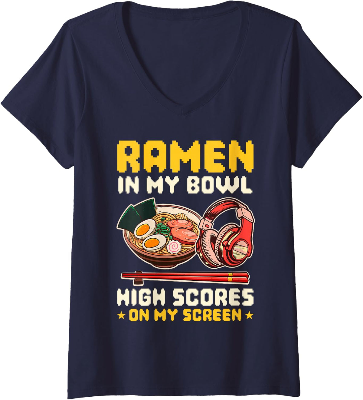 Women's Videogames Eating Ramen Gamer Anime V-Neck T-Shirt - Navy Blue