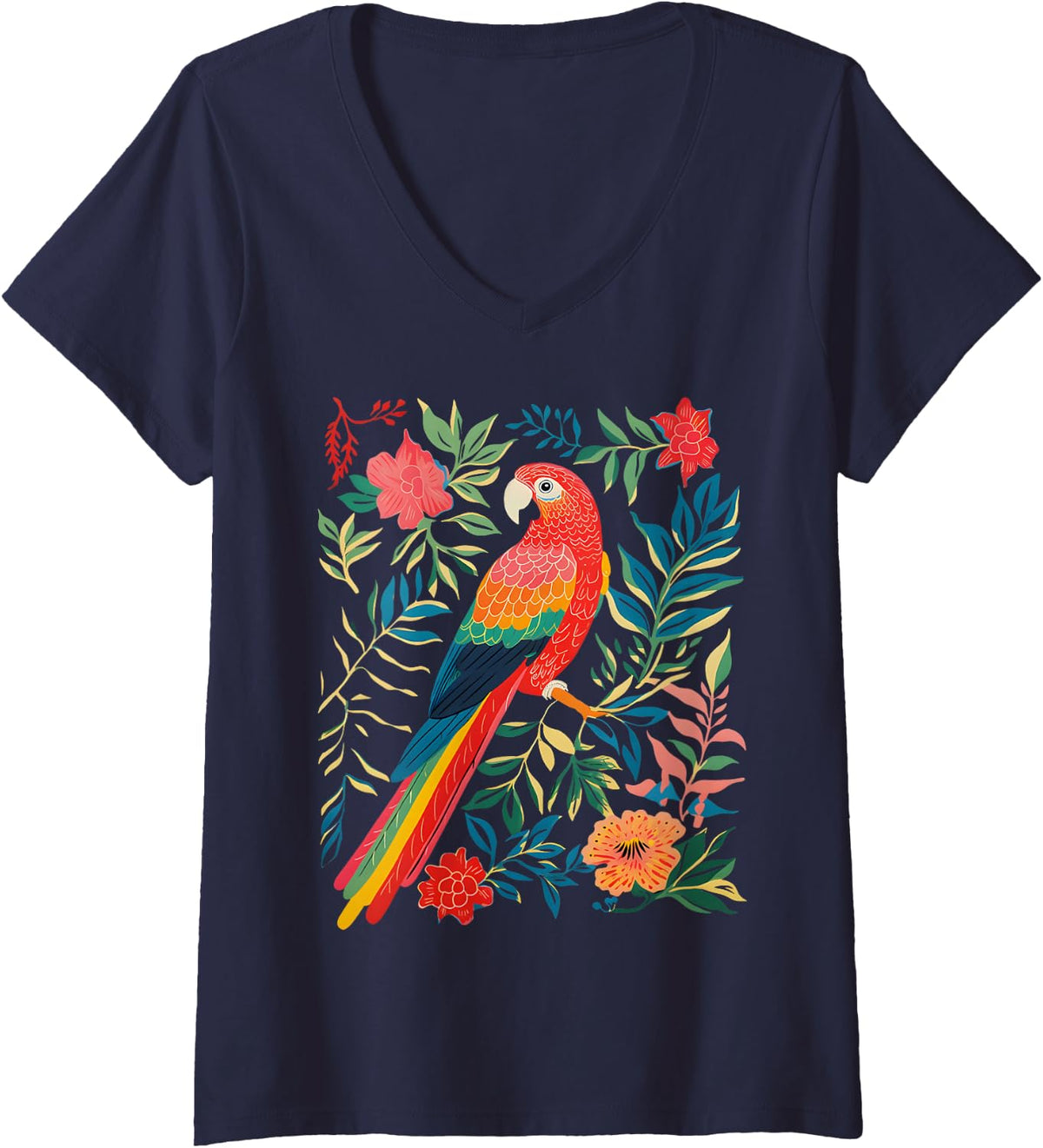 Women's Boho Floral Parrot Scarlet Macaw Birdwatching Bird Lover V-Neck T-Shirt - Navy Blue