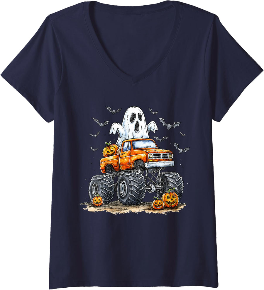 Women's Halloween Ghost and Truck Pumpkin Spooky Season Boy Kid V-Neck T-Shirt - Navy Blue