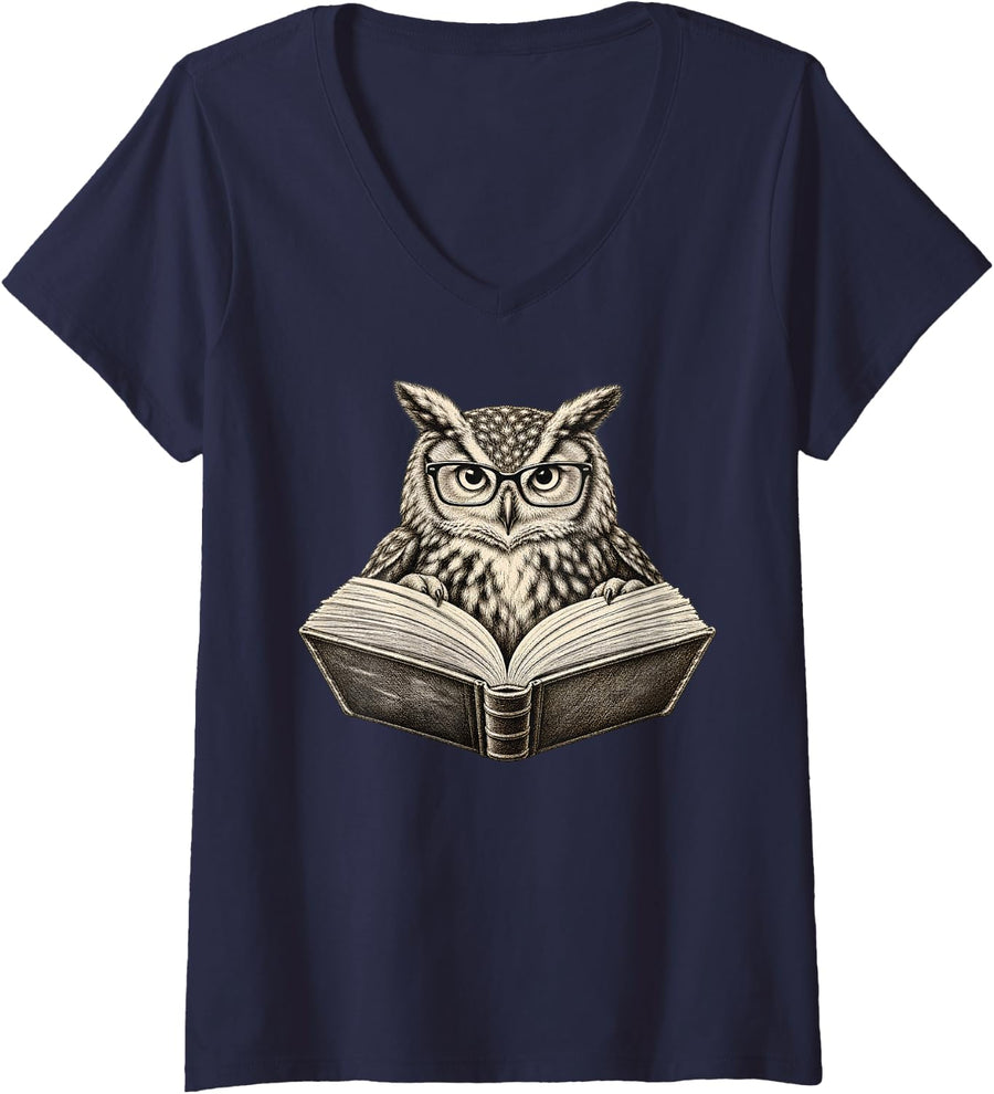 Women's Reading Owl with Glasses Book Lover Library Funny Humor V-Neck T-Shirt - Navy Blue