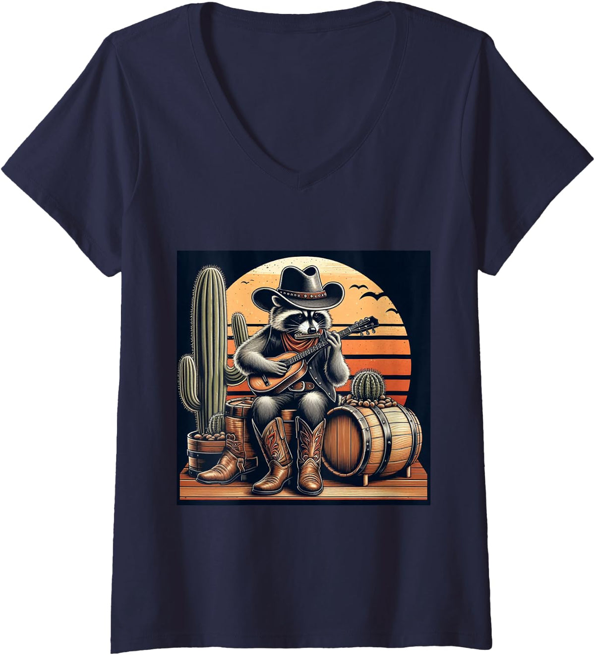 Women's Vintage Raccoon Cowboy Cowgirl Trash Panda Western Country V-Neck T-Shirt - Navy Blue