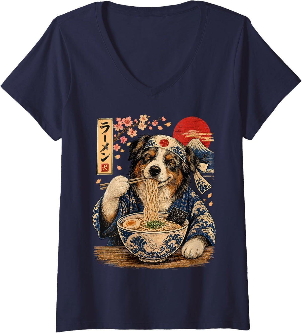 Women's Australien Shepherd Dog Eating Ramen Japanese Aussie V-Neck T-Shirt - Navy Blue
