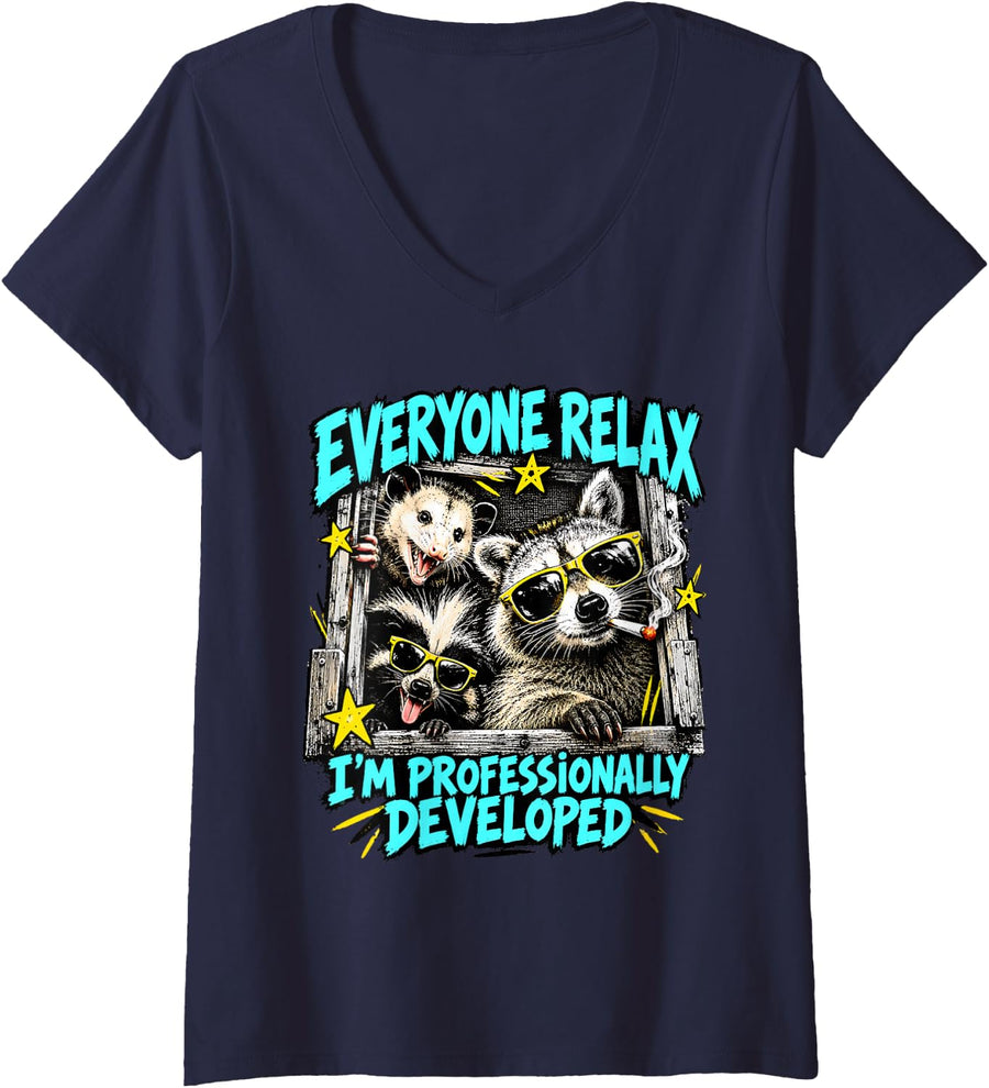 Women's Everyone Relax I'm Professionally Developed Raccoon Possum V-Neck T-Shirt - Navy Blue