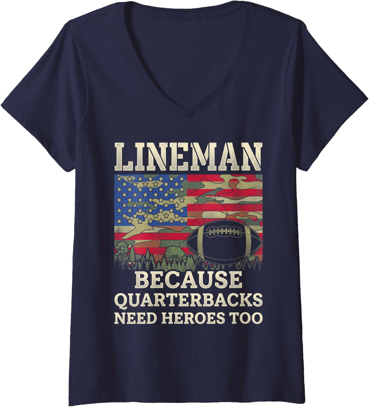 Women's Lineman Football Patriotic American Flag Camouflage V-Neck T-Shirt - Navy Blue
