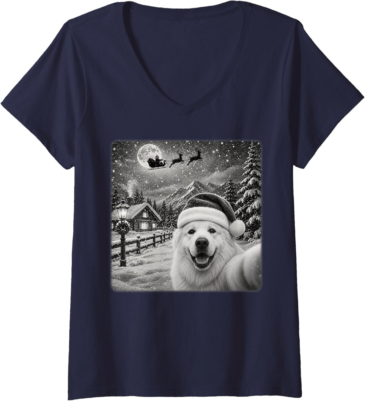 Women's Xmas Moon Night Santa Sleigh Great Pyrenees Dog Christmas V-Neck T-Shirt - Navy Blue
