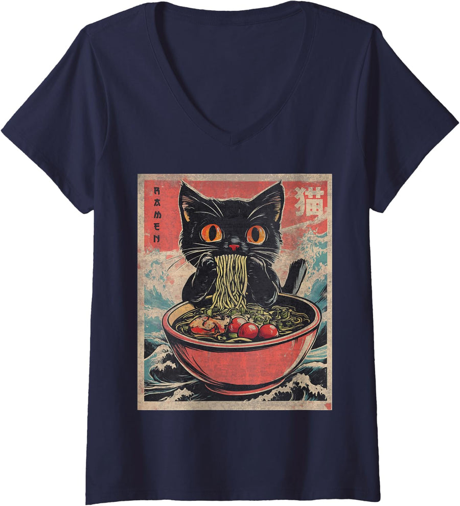 Womens Cat Ramen Japanese Funny Graphic Tees Kawaii Cat Anime Gifts V-Neck T-Shirt - Navy Blue