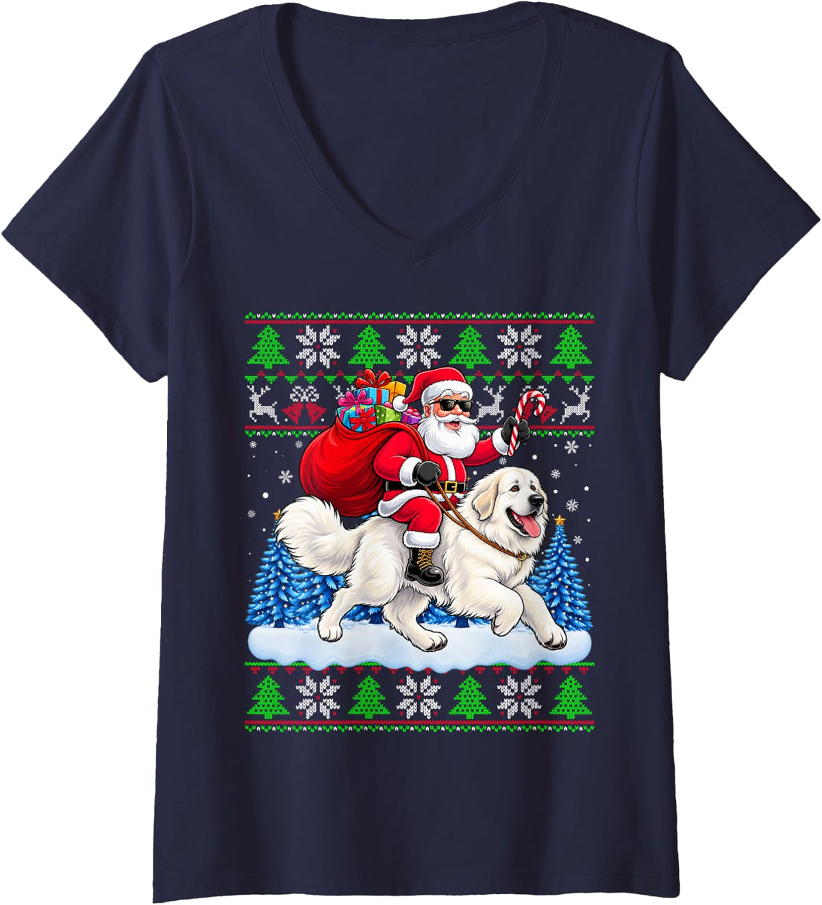 Women's Christmas Santa Riding Great Pyrenees Kids Girls Boys Xmas V-Neck T-Shirt - Navy Blue