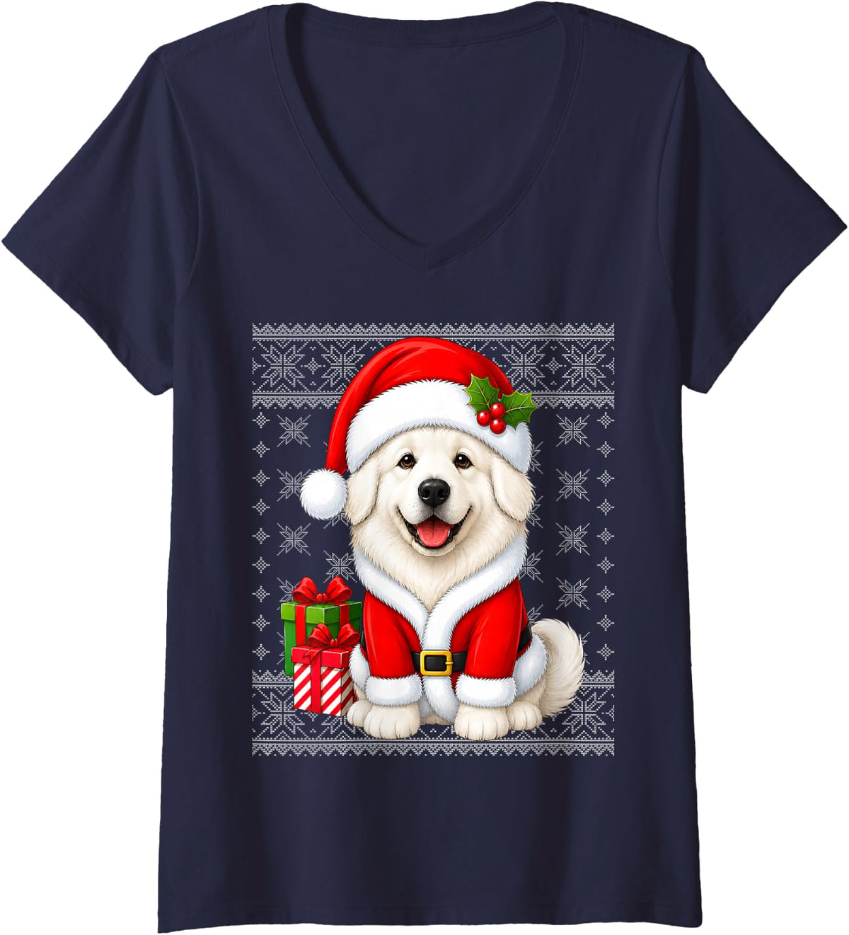Women's Great Pyrenees Dog in Christmas Santa Costume Ugly Xmas V-Neck T-Shirt - Navy Blue