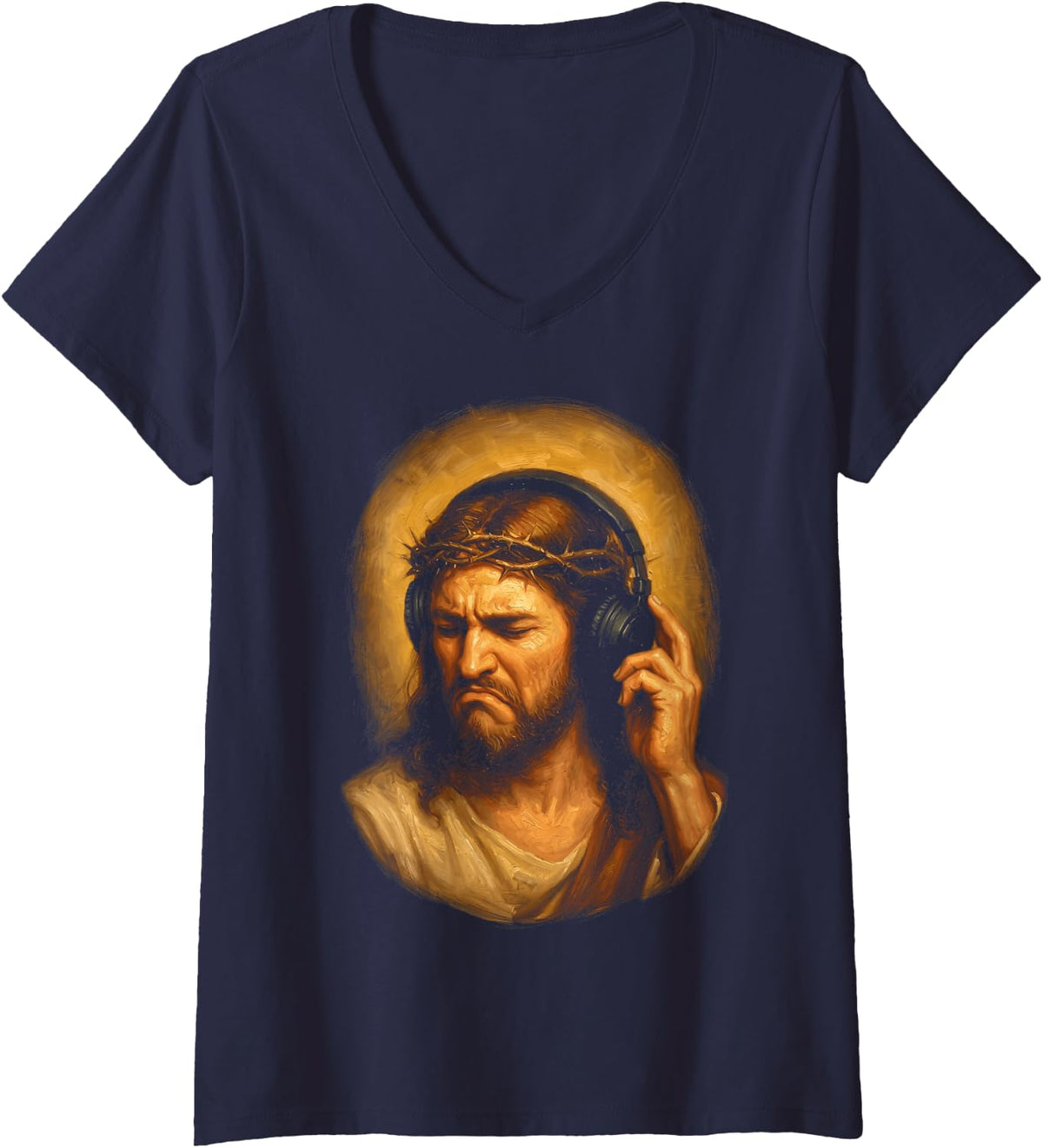 Women's Jesus Christ Headphones Bass Face Meme Music Rock Christian V-Neck T-Shirt - Navy Blue