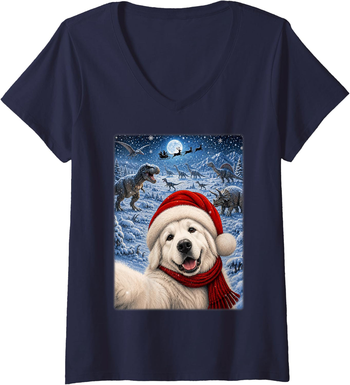 Women's Great Pyrenees Dog Christmas Moon Night Starry Dinosaur Xmas V-Neck T-Shirt - Navy Blue