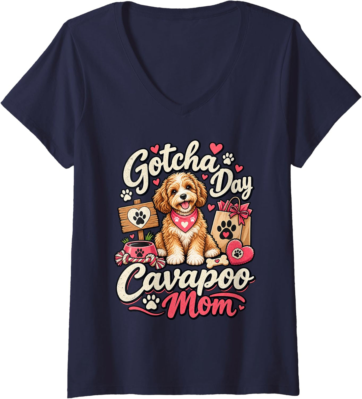 Women's Gotcha Day Cavapoo Mom Dog Mom Cavapoo Lover Puppy Love V-Neck T-Shirt - Navy Blue
