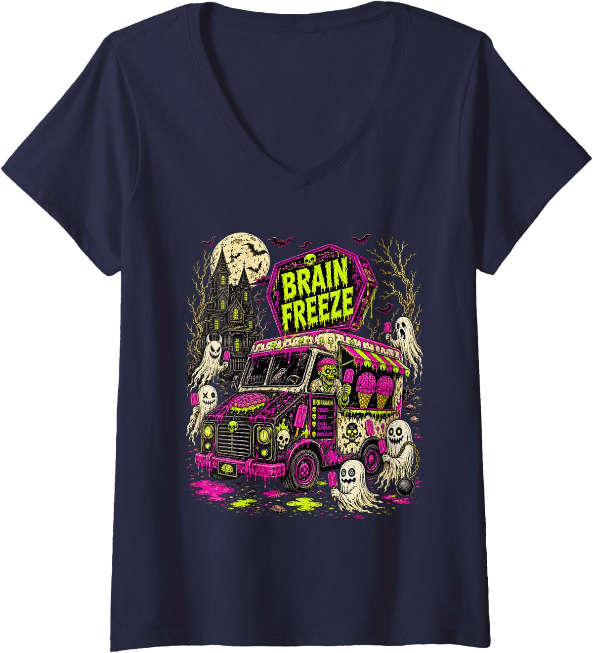Women's Halloween Vibes Spooky Season Summerween Brain A Freeze V-Neck T-Shirt - Navy Blue