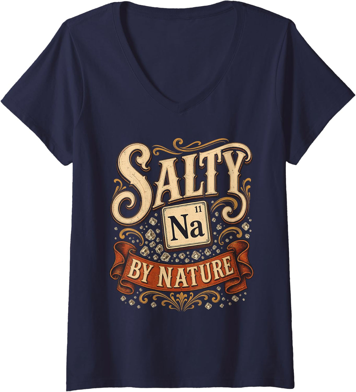 Women's Salty by Nature Chemistry Sodium Science Pun V-Neck T-Shirt - Navy Blue