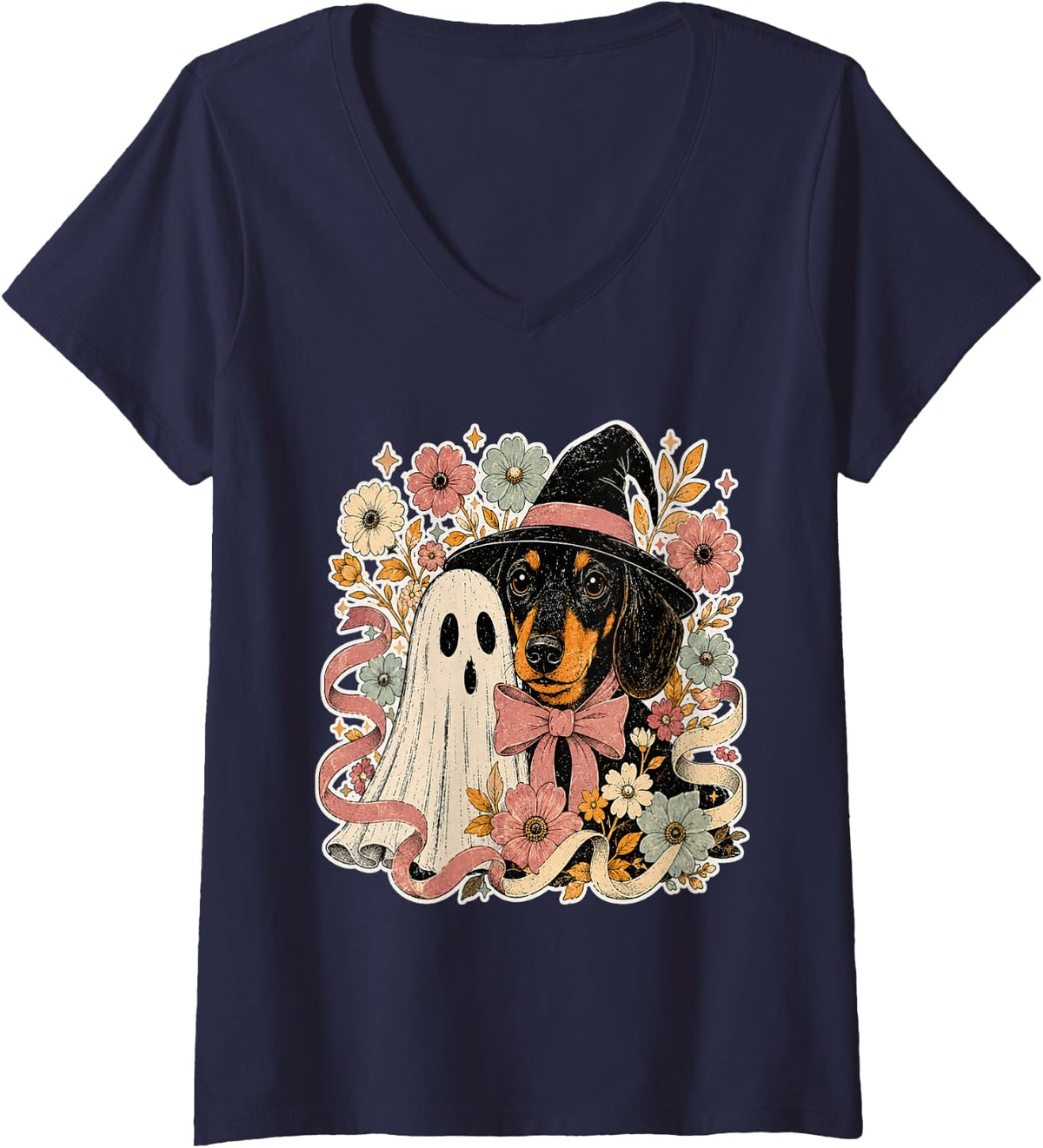 Women's Fall Dogs Ghost Dog Witch Dachshund Halloween V-Neck T-Shirt - Navy Blue