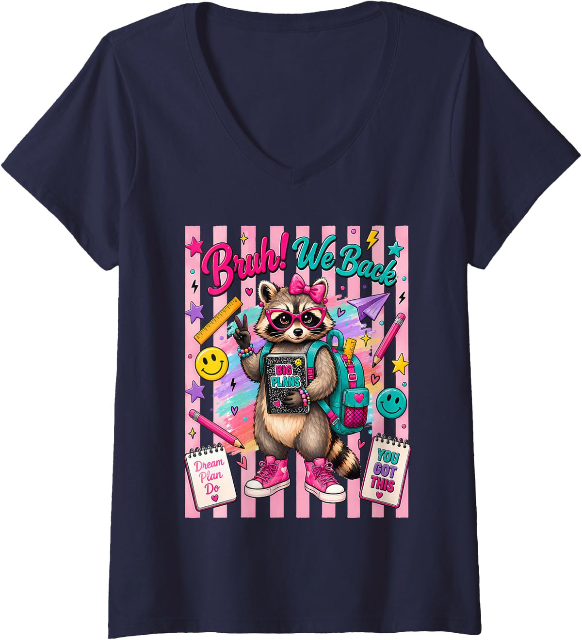 Women's Bruh We Back Raccoon Back to School Teacher Student Kawaii V-Neck T-Shirt - Navy Blue