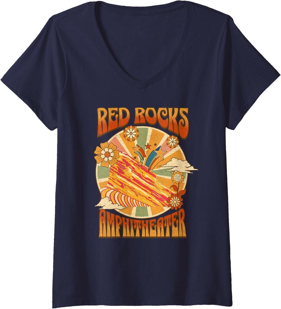 Womens Red Rocks Amphitheater - Colorado Hippie Poster V-Neck T-Shirt - Navy Blue
