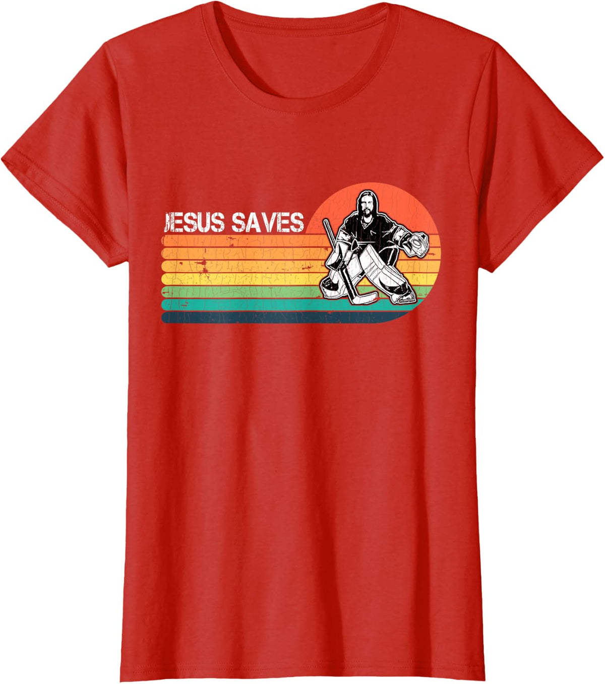 Vintage Retro Sunset Jesus Saves Hockey Player Jesus Lover T-Shirt - Red
