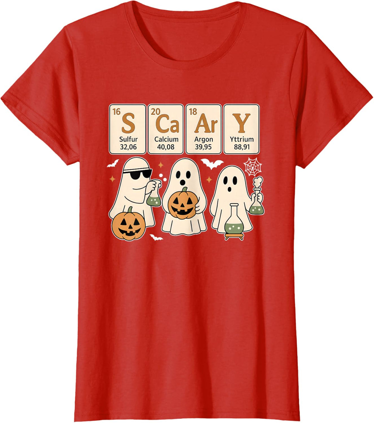 Scary Periodic Table Science Ghost Halloween Teacher T-Shirt - Red