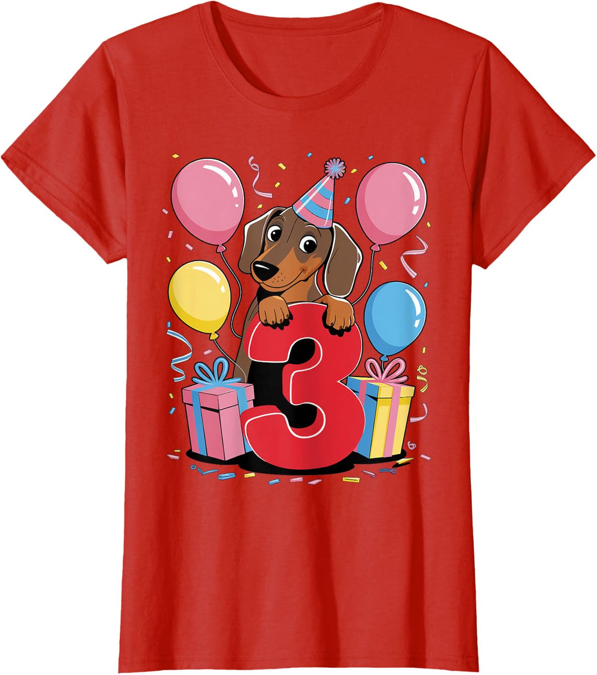 Doxie dog 3rd birthday boy girl 3 years old three Dachshund T-Shirt - Red