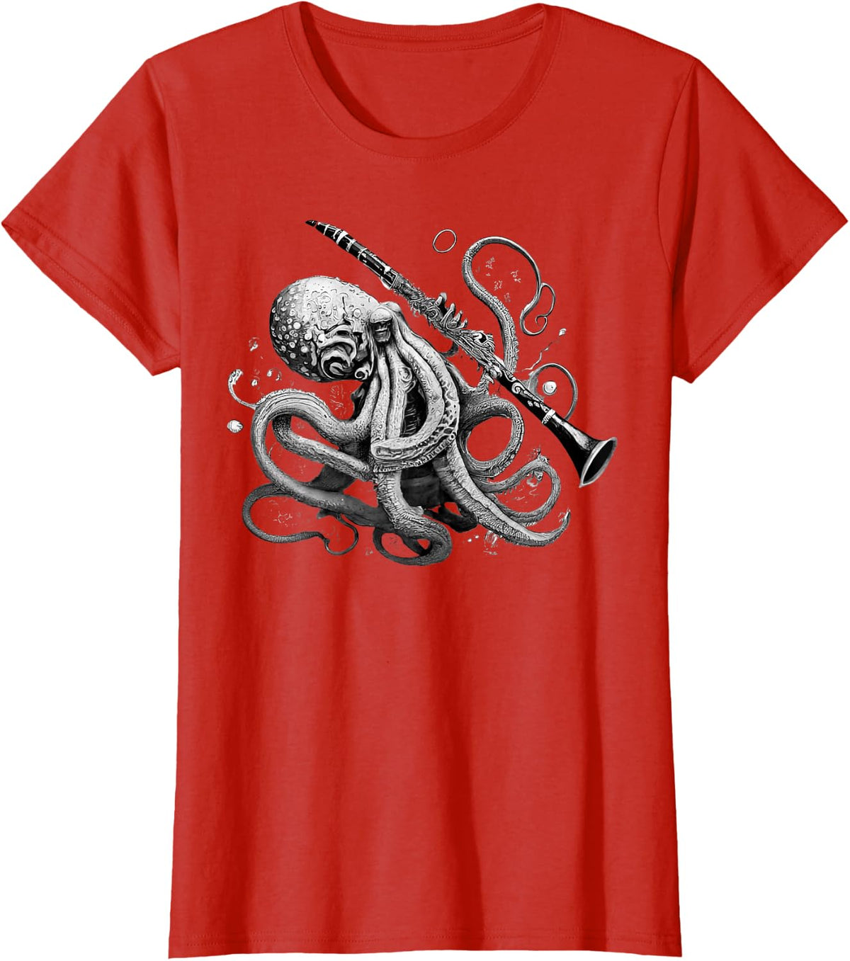 Vintage Octopus Playing Clarinet Music Animal Instrument T-Shirt - Red