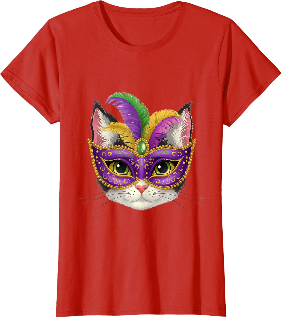Cat Mardi Gras New Orleans Louisiana Carnival Cat Lover Men Women Kids T-Shirt - Red