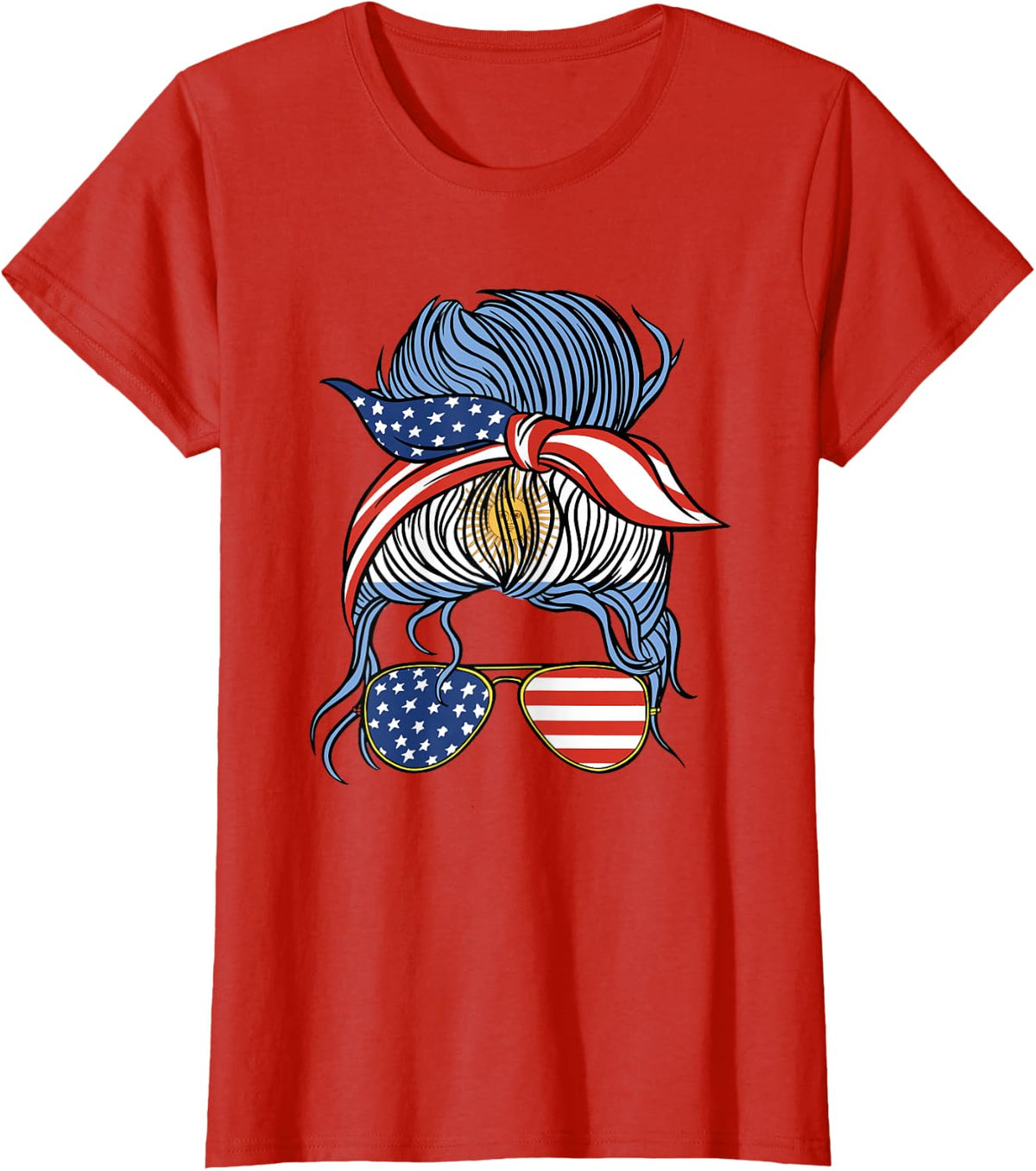 Half American Argentine Roots Argentina USA Messy Bun Women T-Shirt - Red
