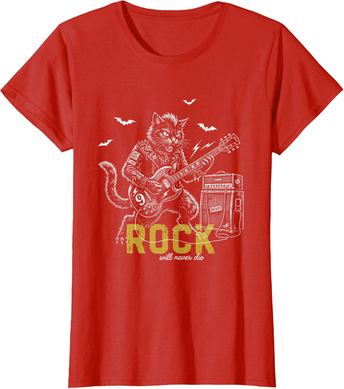 Guitar Player Black Cat Rocker Rock Will Never Die Vintage T-Shirt - Red