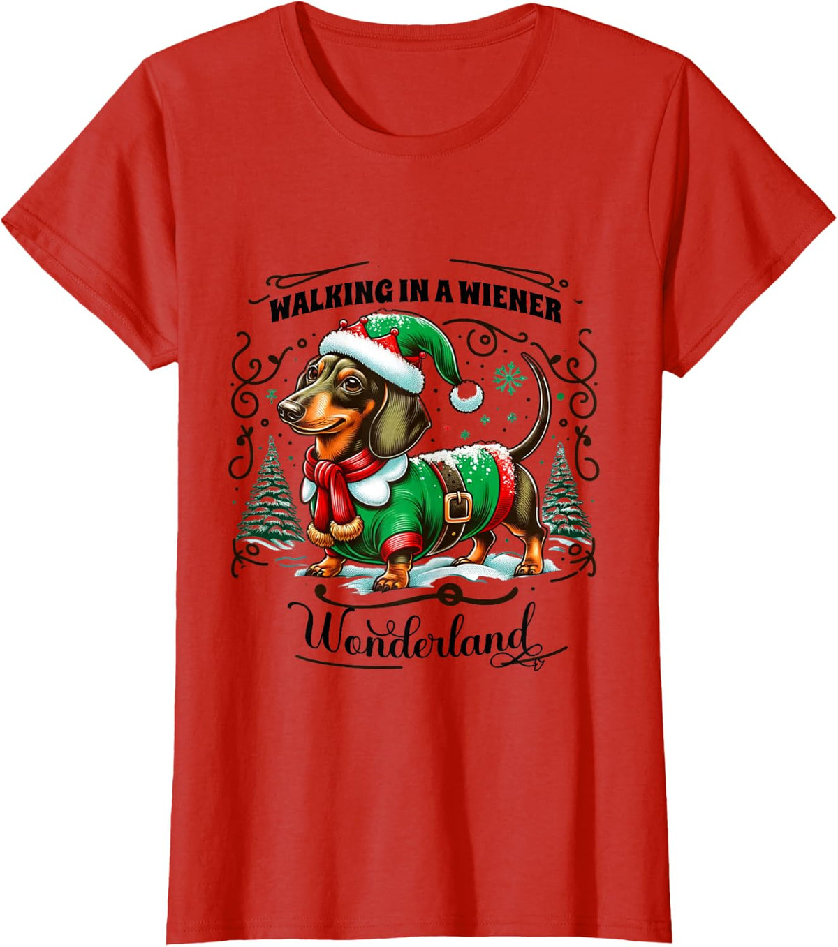 Dachshund Christmas Walking in A Wiener Wonderland Cute Dog Men Women Kids T-Shirt - Red