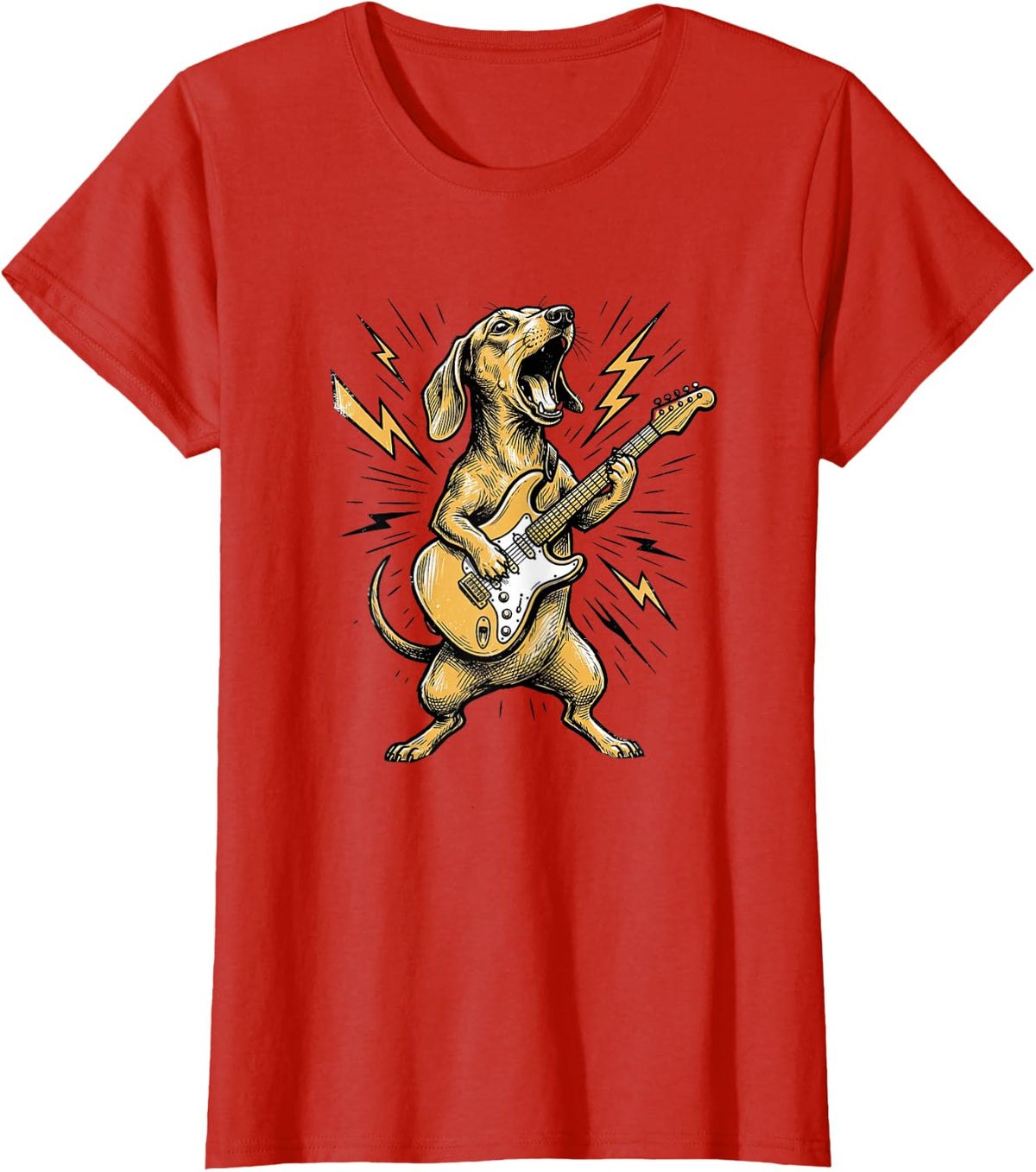 Dachshund Sausage Dog Wiener Rock Graphic Guitar T-Shirt - Red