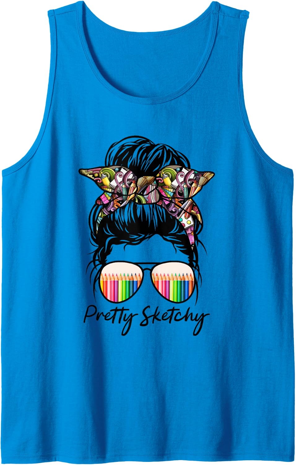 Messy Bun Pretty Sketchy Art Painting Lover Artist Sleeveless Tank Top - Sapphire Blue